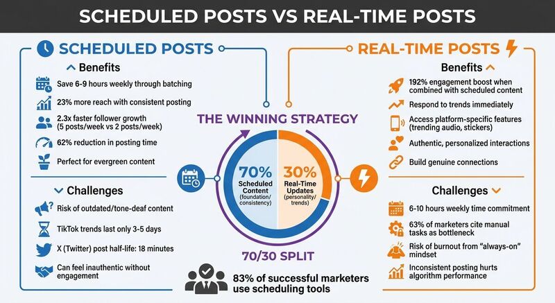 Scheduled vs Real-Time Social Media Posts: Benefits, Challenges & 70/30 Strategy