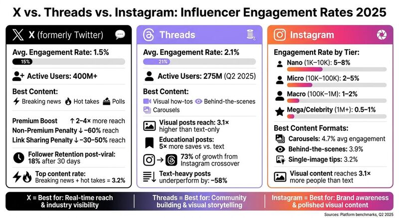 X vs. Threads vs. Instagram: Influencer Engagement Rate Comparison 2025