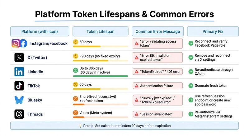 Social Media Platform Token Lifespans and Common Errors Comparison Chart