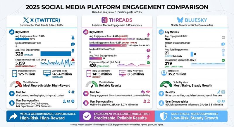 2025 Social Media Engagement Comparison: X vs Threads vs Bluesky
