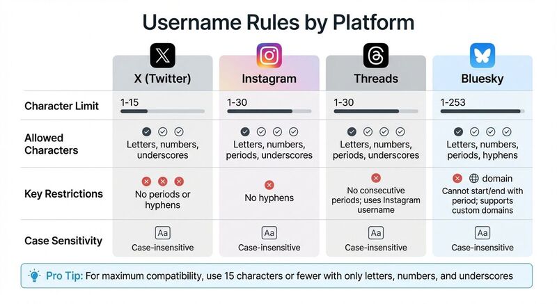Social Media Username Rules and Character Limits Comparison Chart
