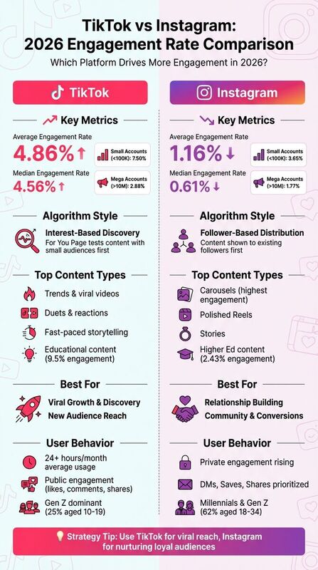 TikTok vs Instagram Engagement Rates 2026: Platform Comparison